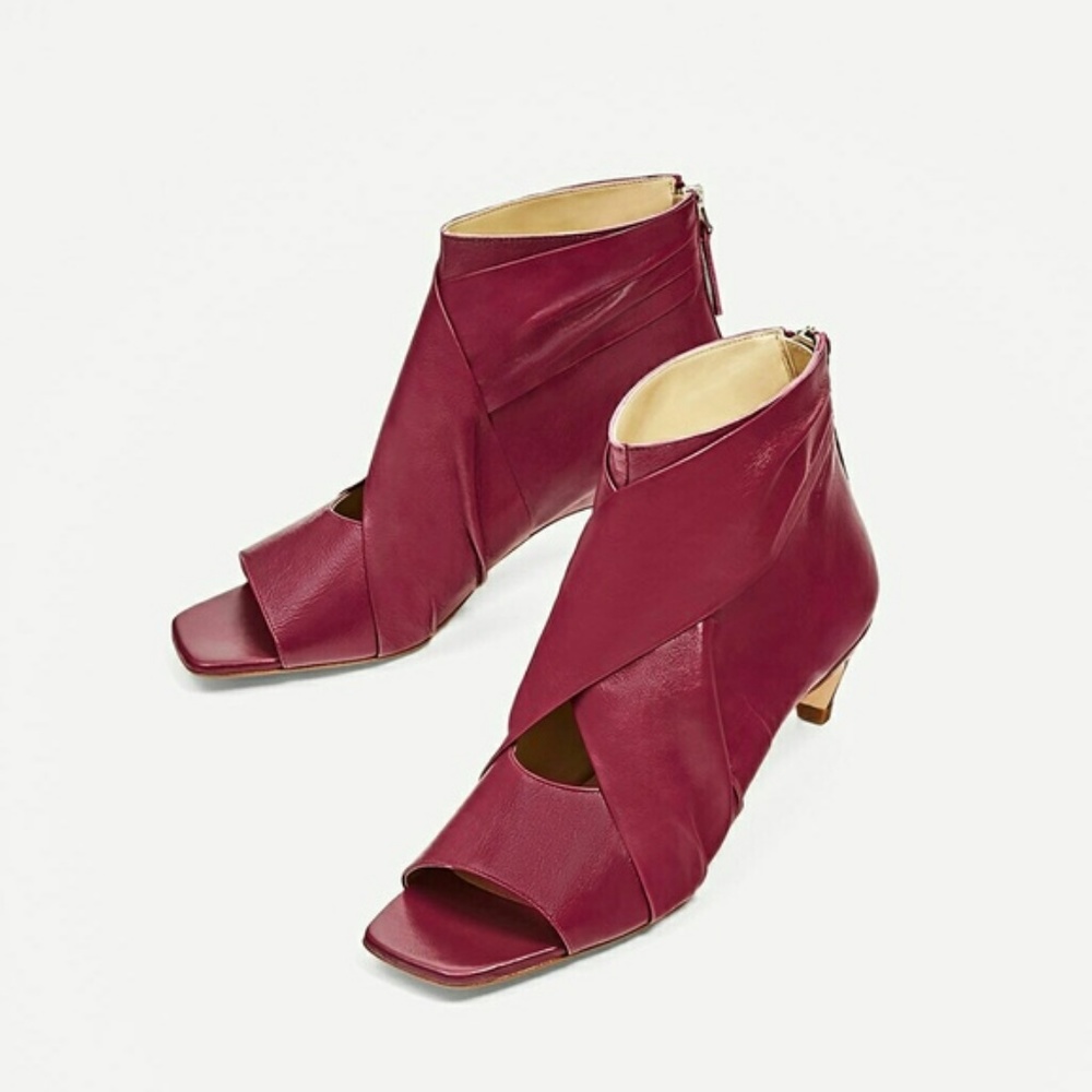 Zara Leather Ankle boots 🍓 Dark Pink US 6.5 Euro 37 NWT